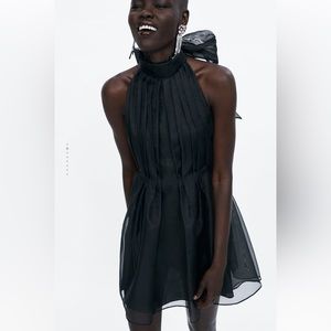 Zara black organza halter dress with bow